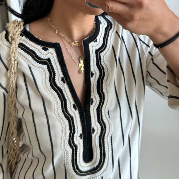 TORY BURCH ‘Filipa’ Black & White Striped Kaftan Linen Tunic Top/12 ~MSRP $348~ - Picture 7 of 17